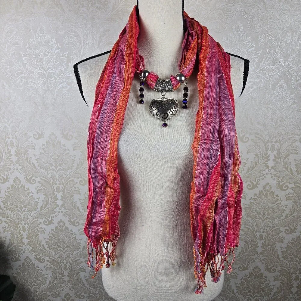 Pink Orange Striped Infiniti Style Versatile Scarf Silver/Purple Beaded Jewelry